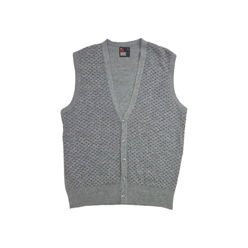 Vintage 70s 80s ROBERT BRUCE Cardigan Sweater Vest Gray Multicolor Dots Men L
